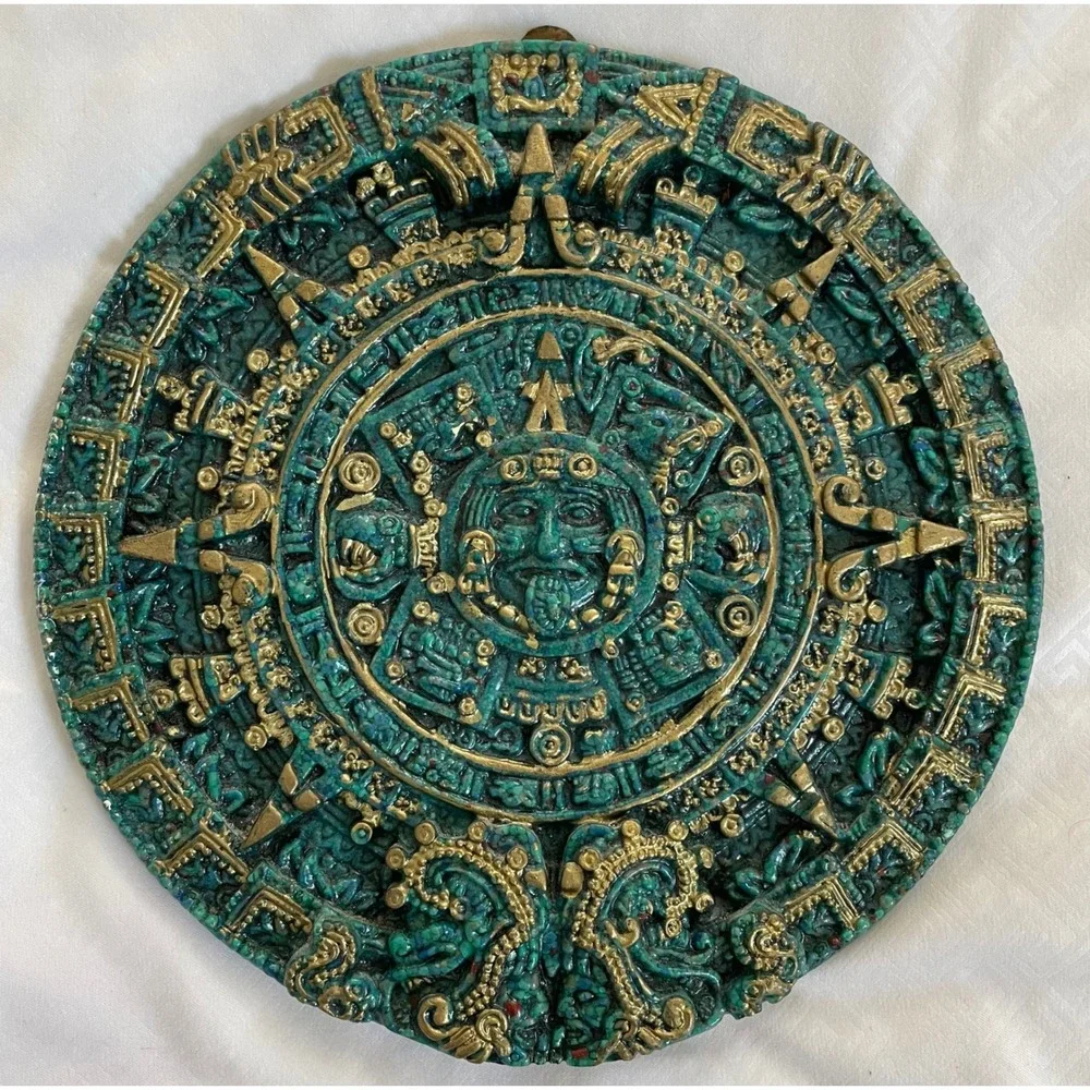 Vintage Aztec Sun Stone Calendar Wall Plaque Turquoise Gold Mayan Decor 7.5 Inch